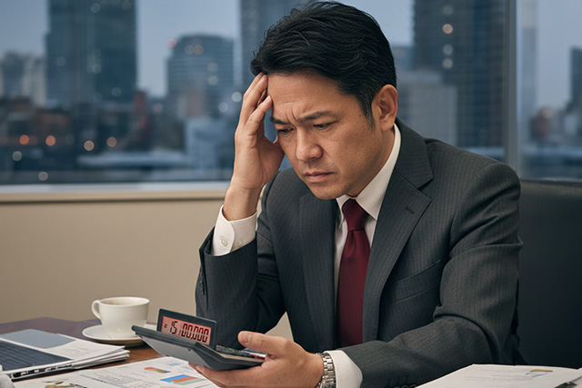 電卓を叩いてぼやいているビジネスマン